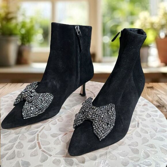 Tory Burch $498 Embellished Crystal Bow Leather Suede Ankle Booties Boots Shoes - Picture 15 of 15
